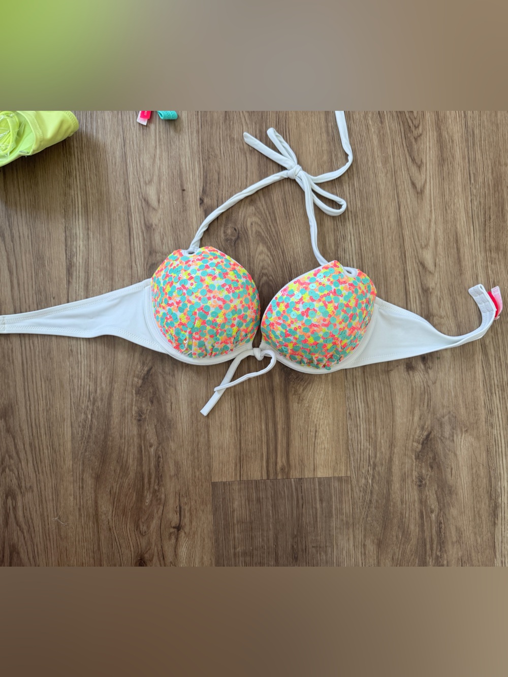 White Bikini Top with Neon Sequin push up Cups NWOT